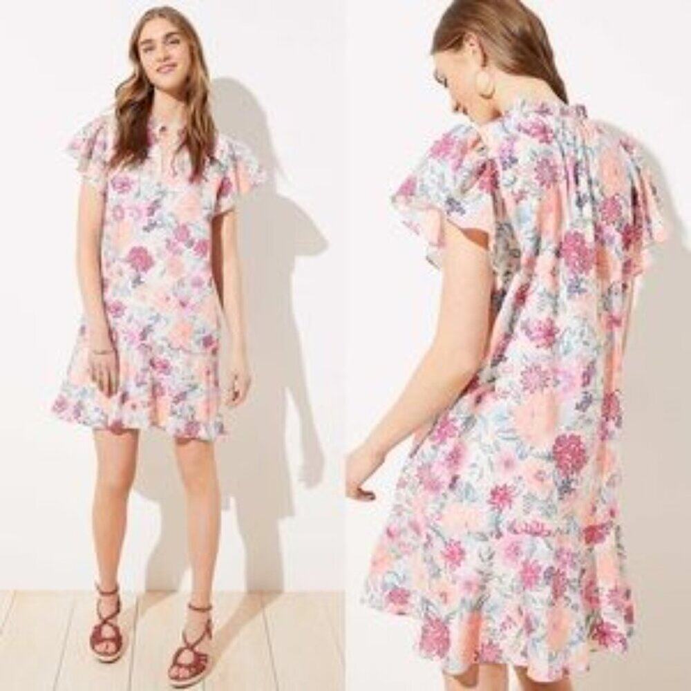 LOFT Plus Floral Ruffle Flounce Dress Pink Champagne Size 14 - Picture 10 of 10